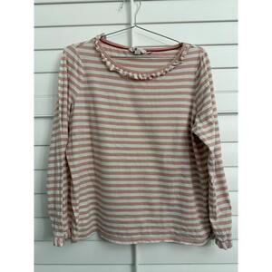 Boden pink and white striped long-sleeve cotton top with a ruffle collar